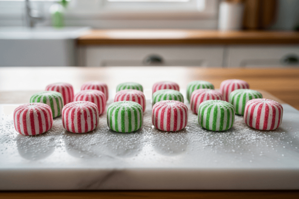 Colorful Christmas mints in pastel pink, green, and white arranged on a marble board with powdered sugar dusting, ready to serve.