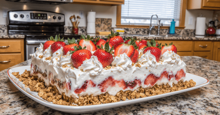 Strawberry Crunch Poke Cake