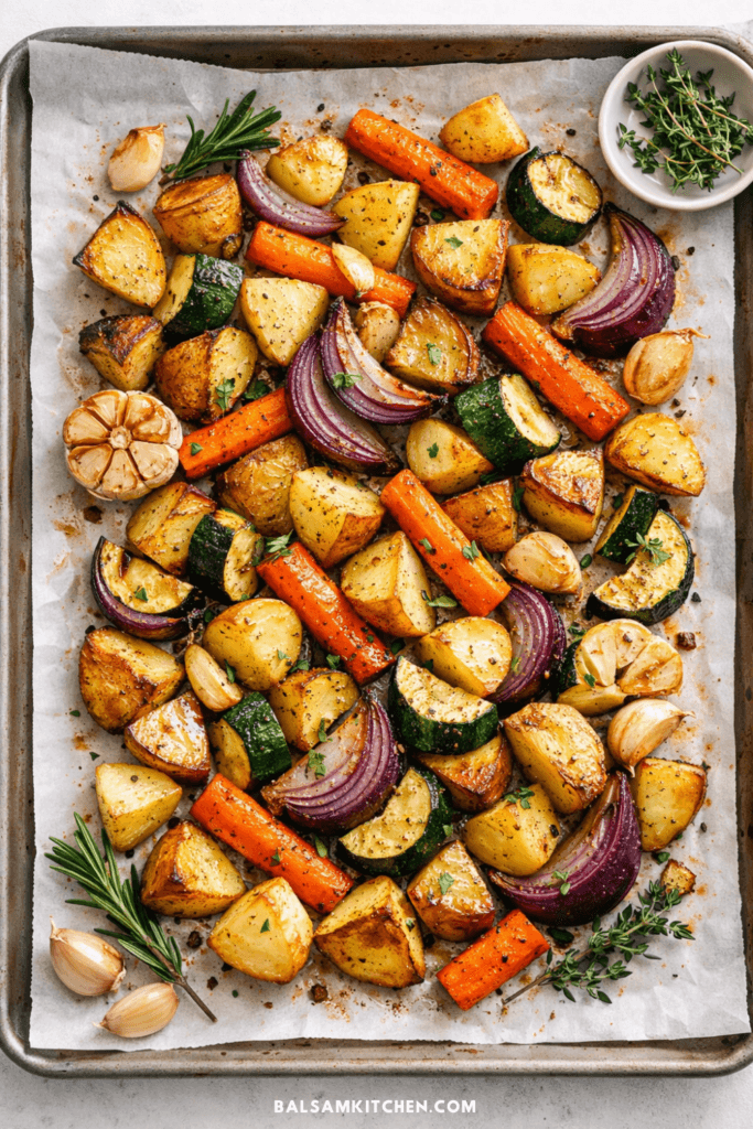 Crispy Garlic Herb Roasted Potatoes, Carrots, and Zucchini
